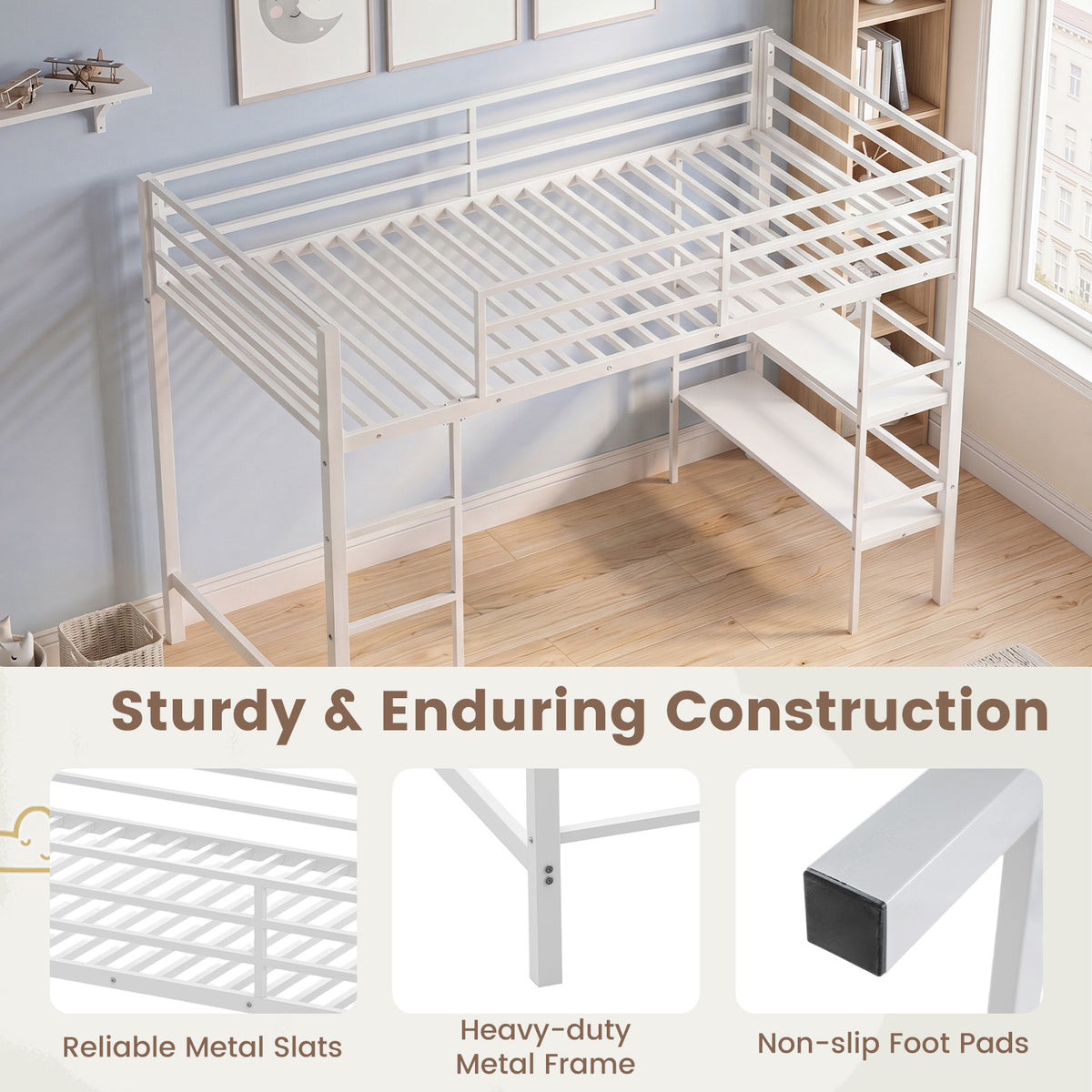 Single Metal Loft Bed with Storage Shelves and Guardrails and Ladder-White