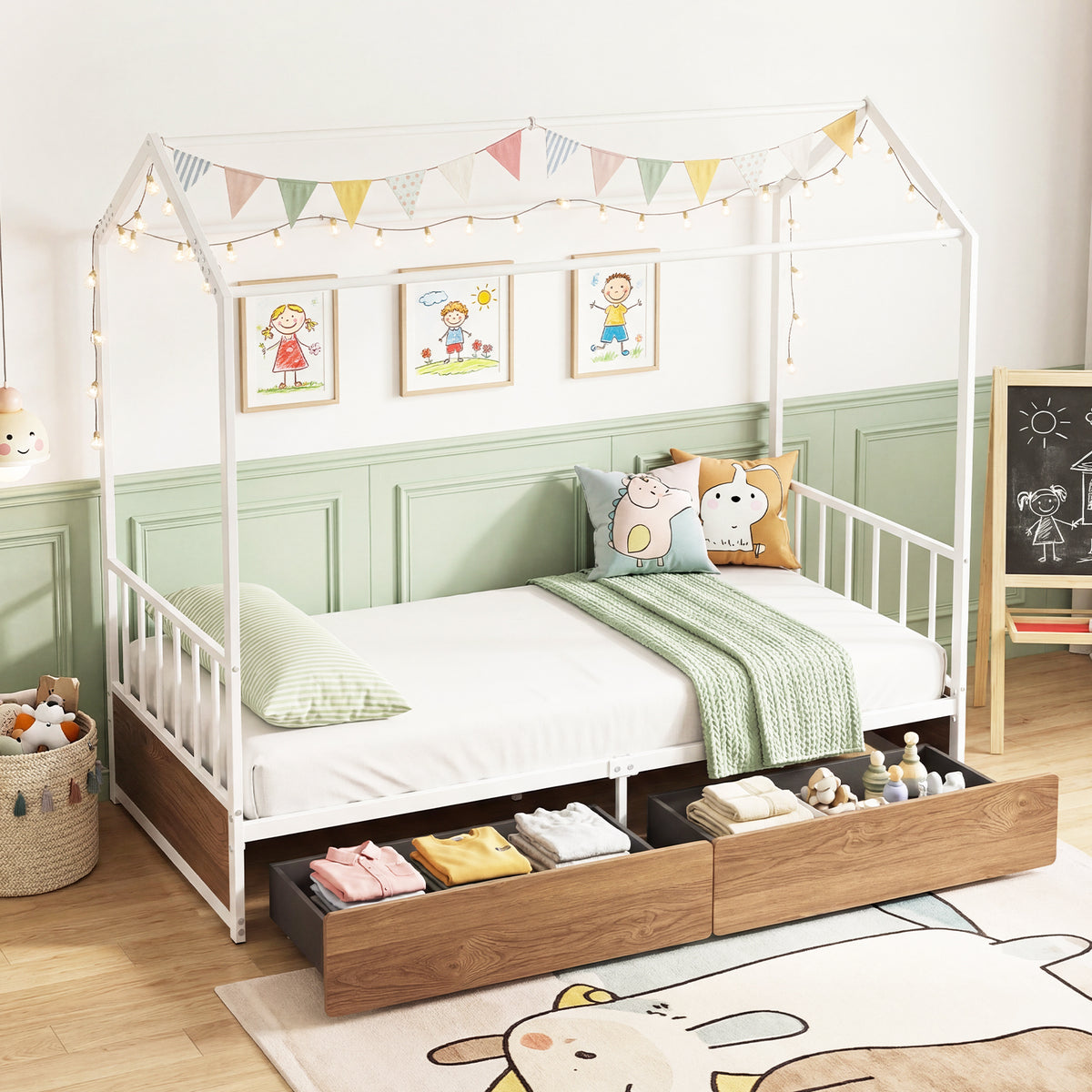 Single Size House Bed with 2 Drawers and Roof for Kids-Natural