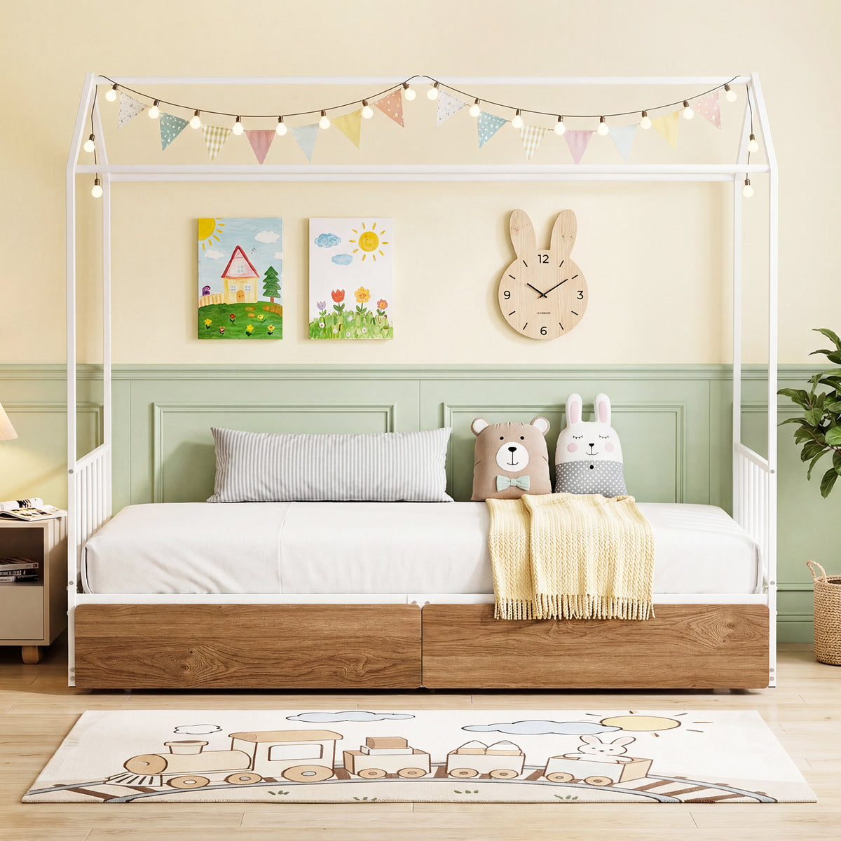 Single Size House Bed with 2 Drawers and Roof for Kids-Natural