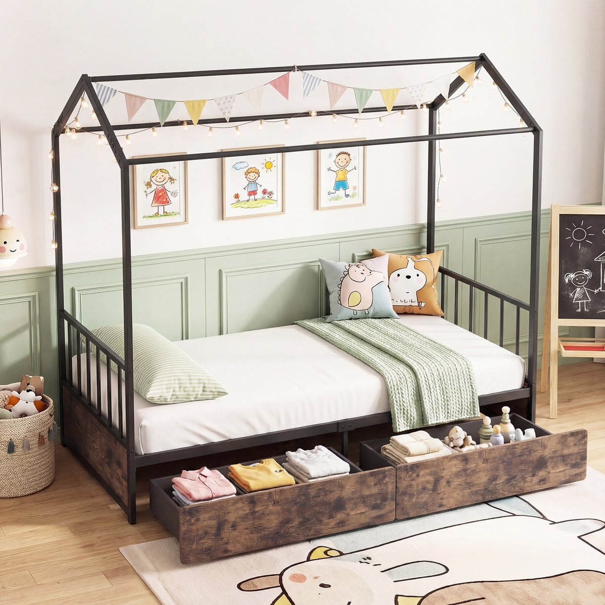 Single Size House Bed with 2 Drawers and Roof for Kids-Rustic Brown