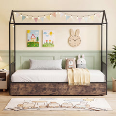 Single Size House Bed with 2 Drawers and Roof for Kids-Rustic Brown