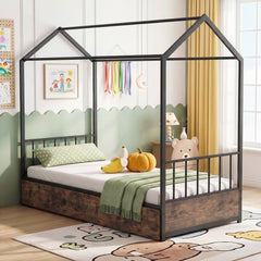 Single Size House Bed with 2 Drawers and Roof for Kids-Rustic Brown