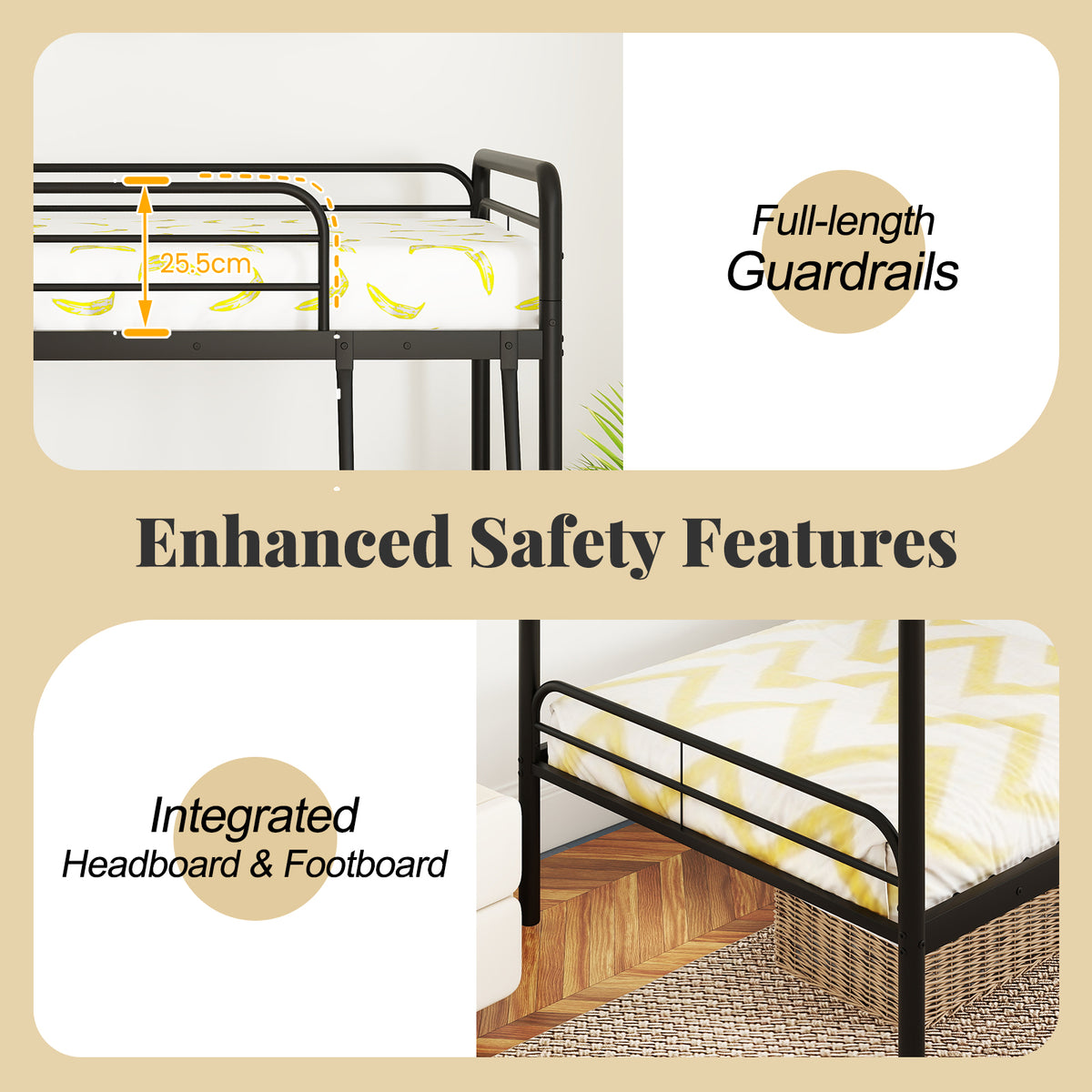 Single Bunk Bed with Ladder and Full-length Guardrails for Teens Adults-Black-Single Size