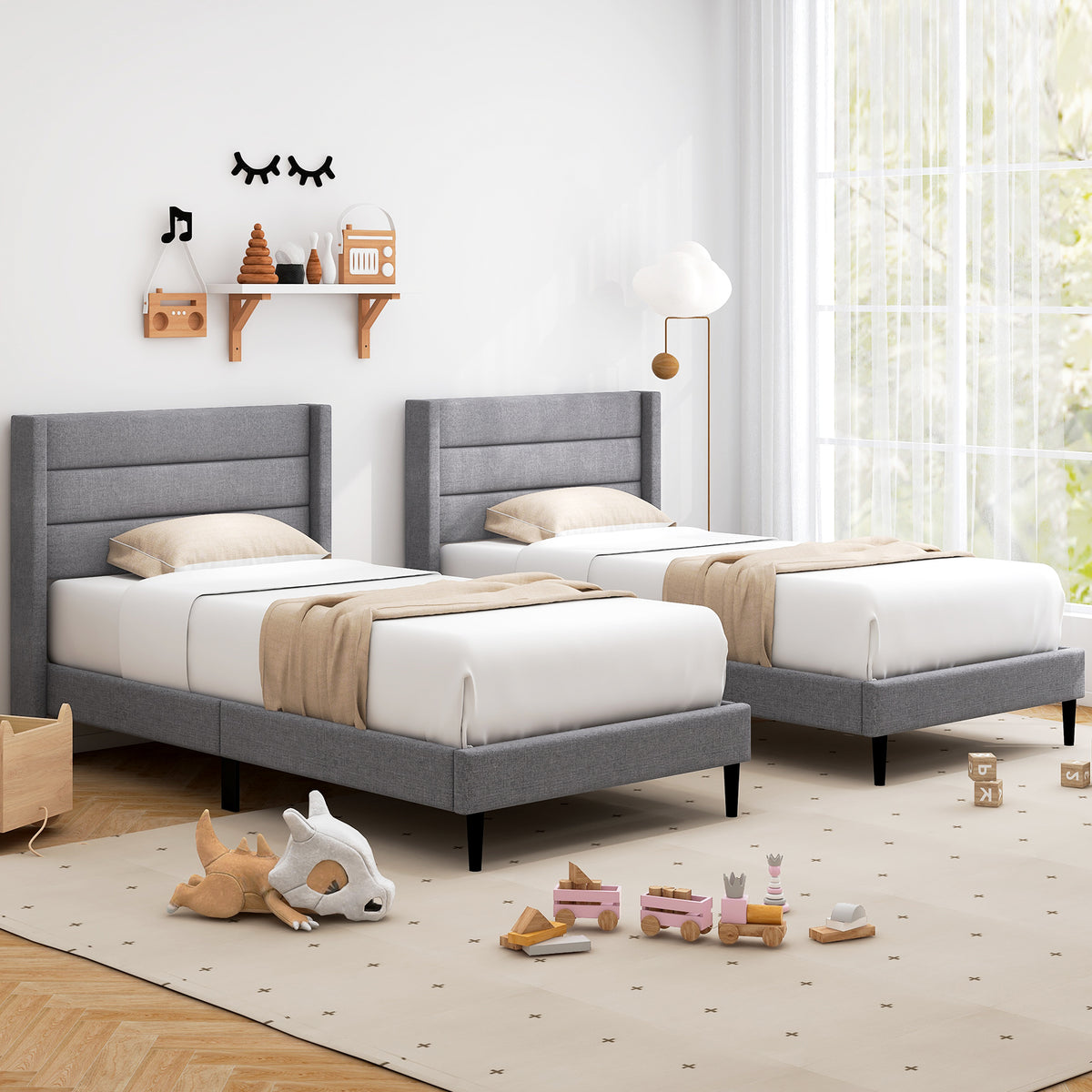Single/Double Size Bed Frame with Wingback Headboard and Wooden Slats Support-Grey-Single Size