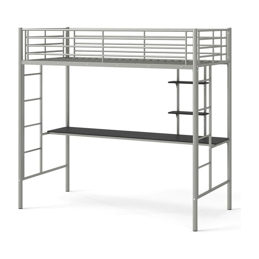 Loft Bed with Desk and Shelves Metal Loft Bed Frame-Silver