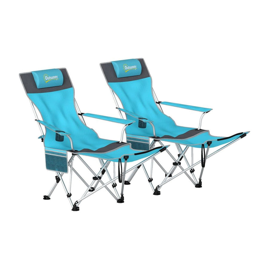 Outsunny Set of 2 Reclining Folding Camping Chair w/ Detachable Footrest, Storage Bag, Cup Holder & Headrest, Blue and Grey