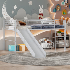 Sliding Loft Children Single Bed with Stairs and Safety Guardrails-Silver