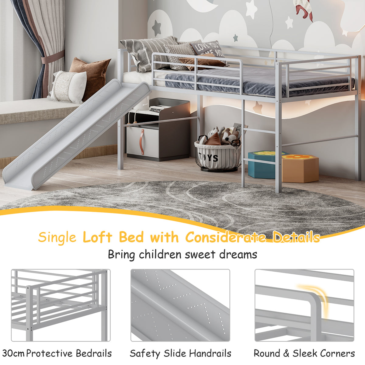 Sliding Loft Children Single Bed with Stairs and Safety Guardrails-Silver