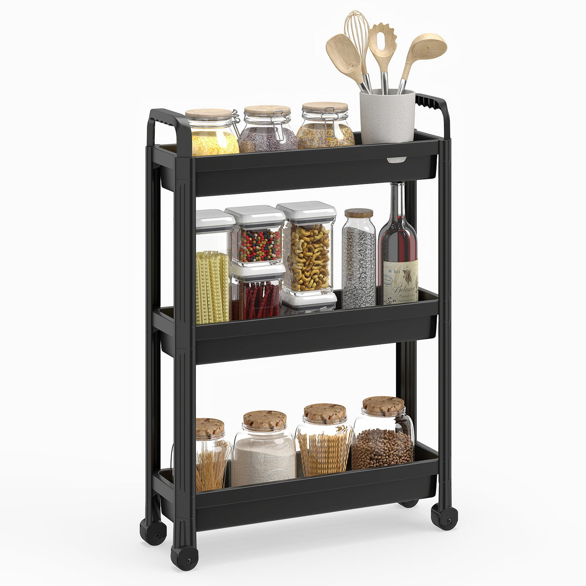 Slim Rolling Storage Cart 3-Tier Bathroom Organizer with Handles and Wheels-Black
