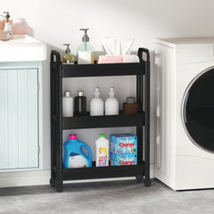 Slim Rolling Storage Cart 3-Tier Bathroom Organizer with Handles and Wheels-Black