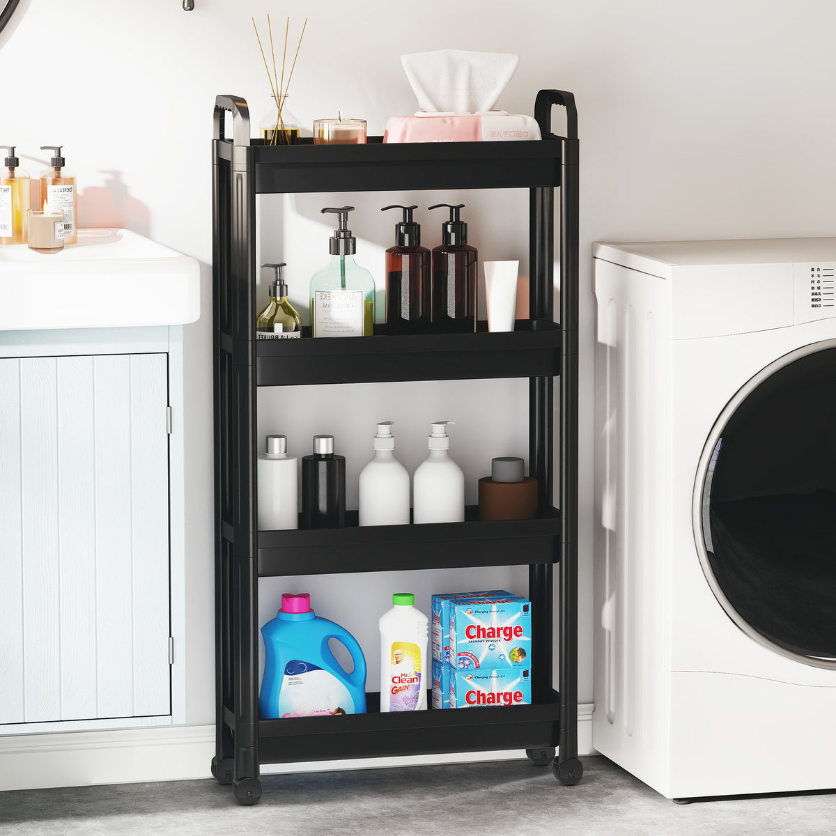 Slim Rolling Storage Cart 4-Tier Bathroom Organizer with Handles-Black