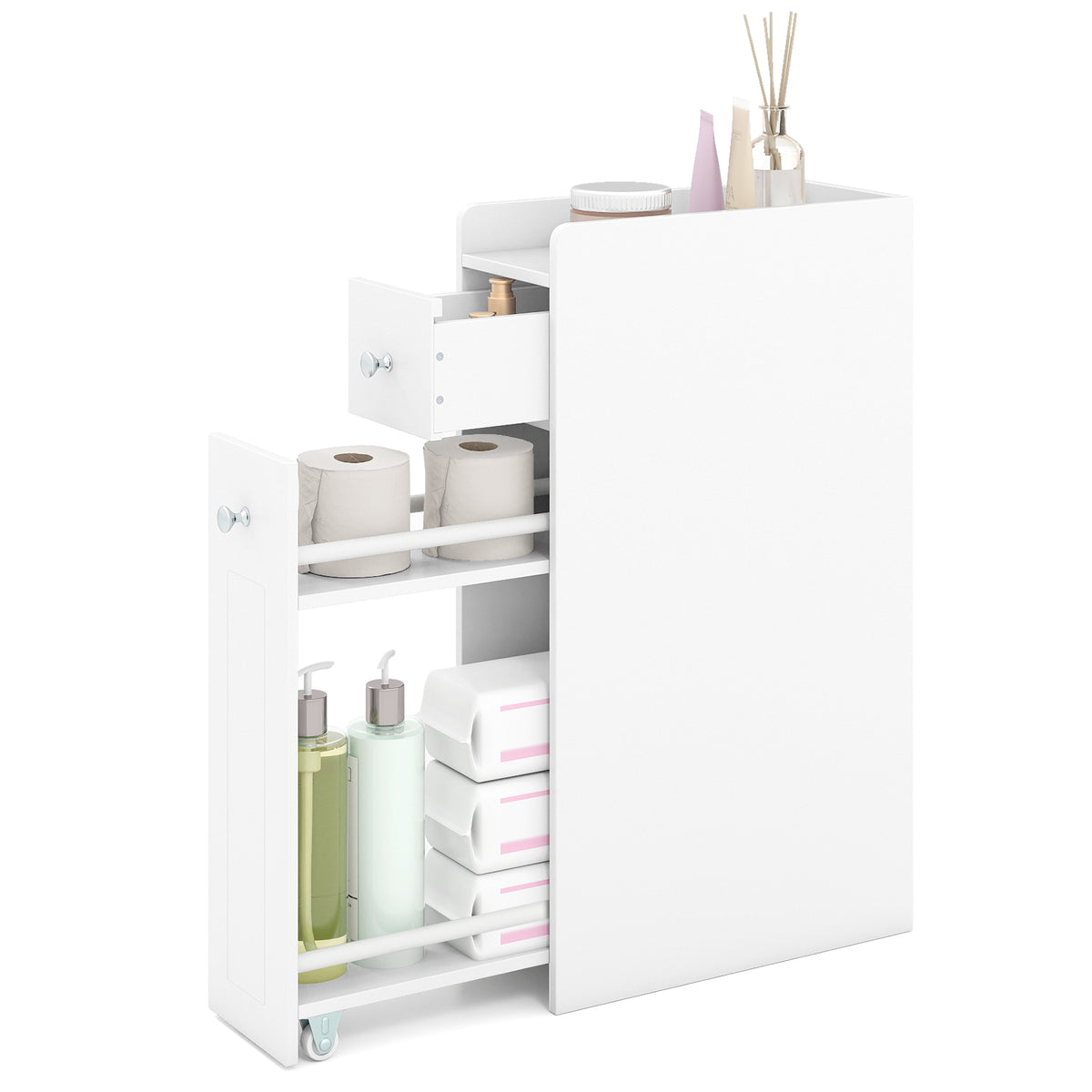 Small Bathroom Storage Cabinet 4-Tier Narrow Toilet Side Storage Cabinet with Slide Out Drawers on Casters-White