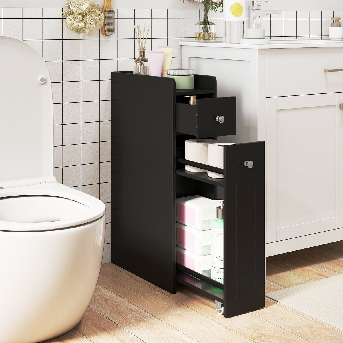 Small Bathroom Storage Cabinet 4-Tier Narrow Toilet Side Storage Cabinet with Slide Out Drawers on Casters-Black