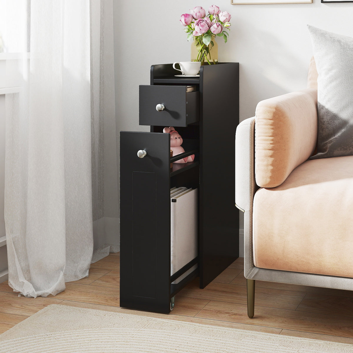 Small Bathroom Storage Cabinet 4-Tier Narrow Toilet Side Storage Cabinet with Slide Out Drawers on Casters-Black