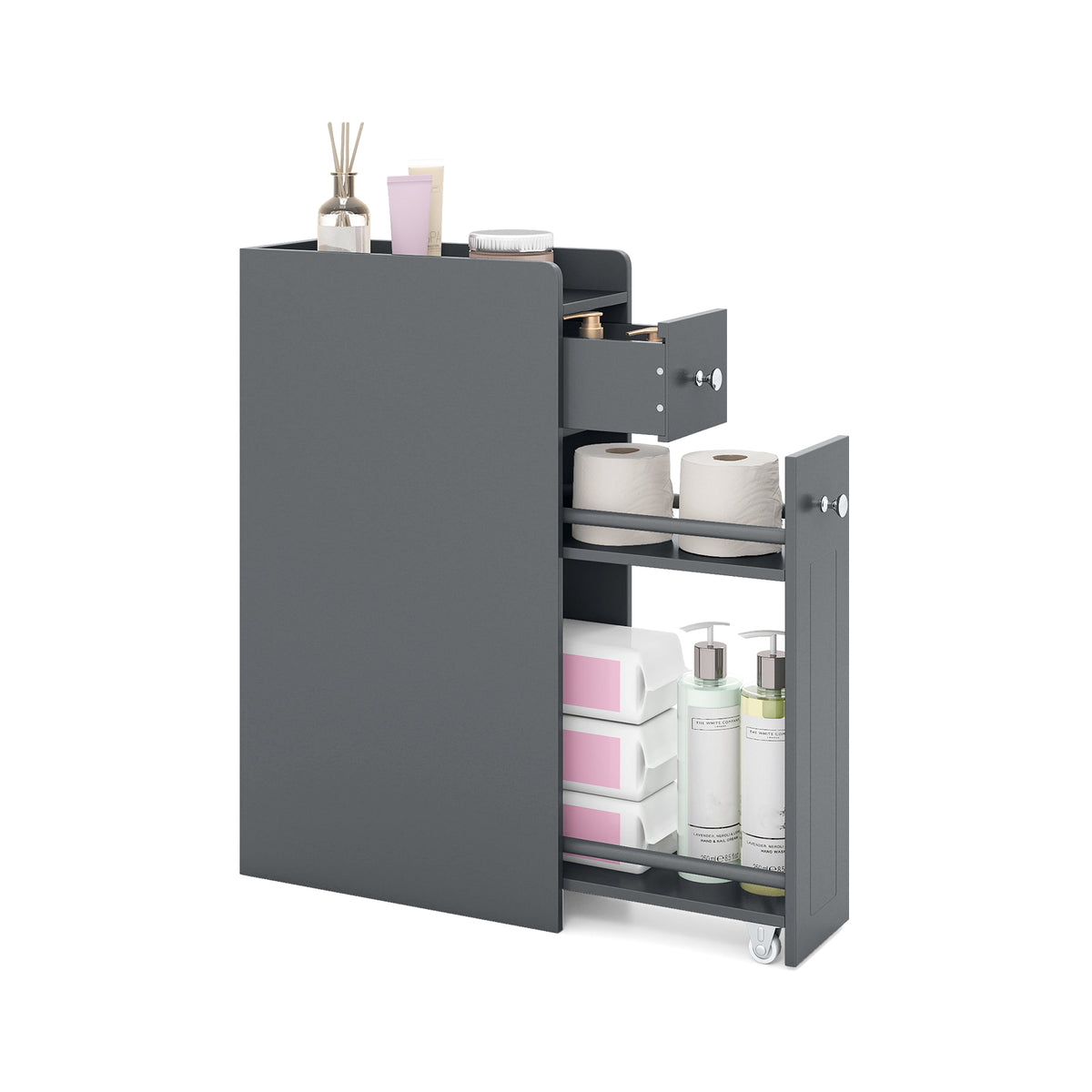 Small Bathroom Storage Cabinet 4-Tier Narrow Toilet Side Storage Cabinet with Slide Out Drawers on Casters-Grey