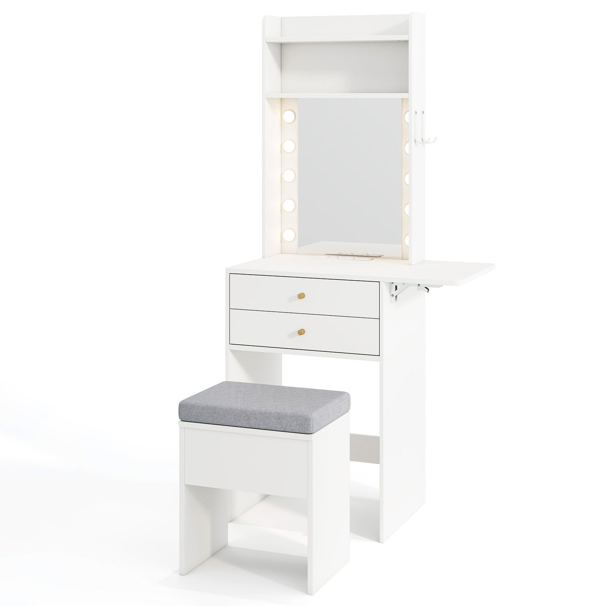 Small Makeup Vanity Desk with Mirror and Lights with Charging Station-White