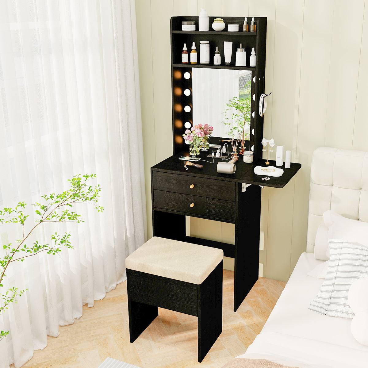 Small Makeup Vanity Desk with Mirror and Lights with Charging Station-Black