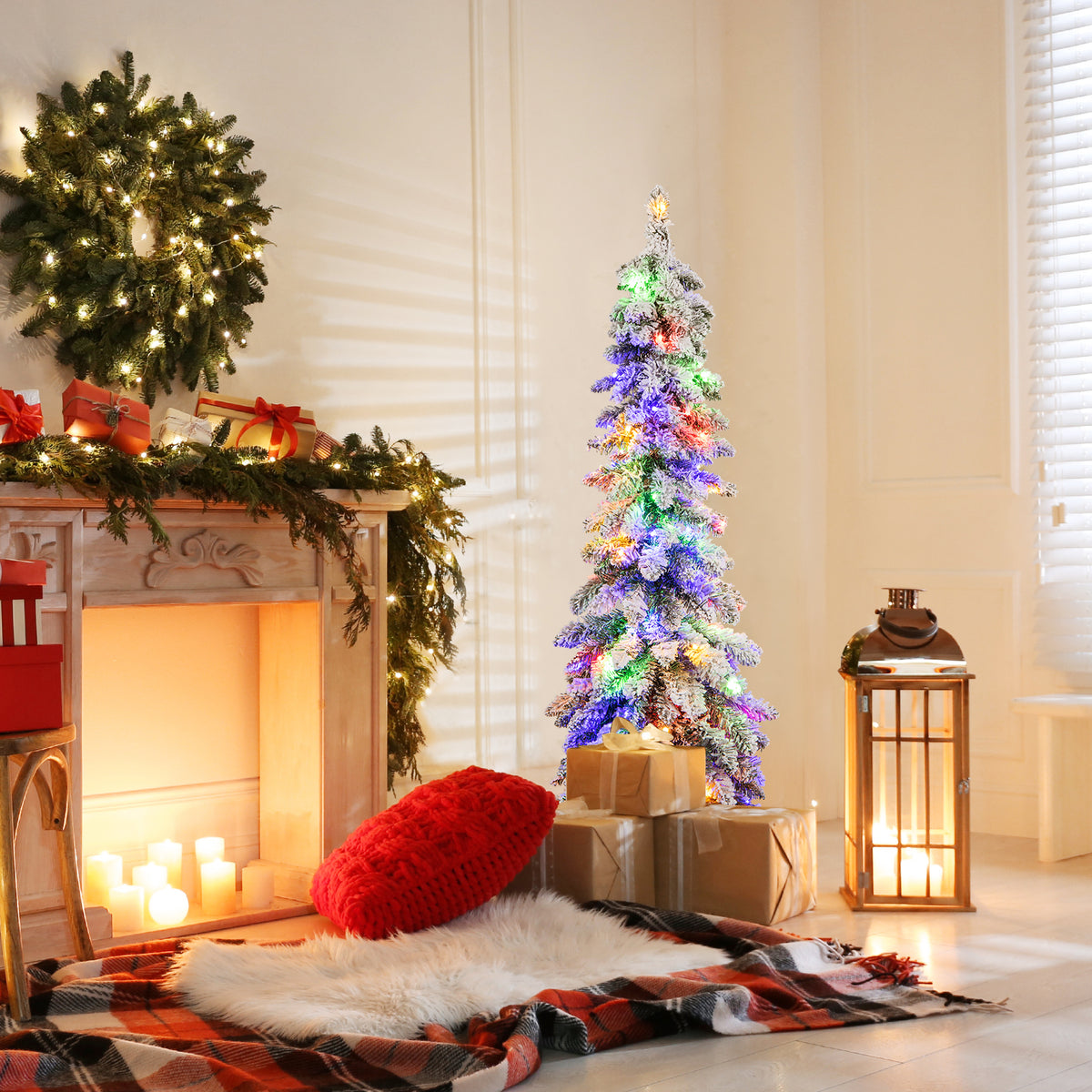 Snow-Flocked Slim Pencil Christmas Tree with 11 Lighting Modes-4FT