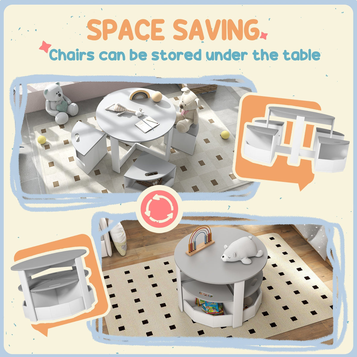 AIYAPLAY Five-Piece Kids Table and Chairs Set with Storage, for Ages 3-8 Years, Grey