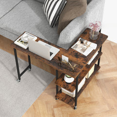 360° Rotating Sofa Side Table Mobile End Table with 2-Tier Storage Shelves-Rustic Brown