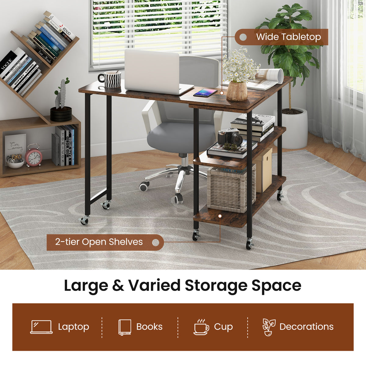 360° Rotating Sofa Side Table Mobile End Table with 2-Tier Storage Shelves-Rustic Brown