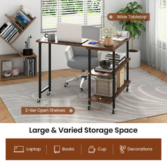 360° Rotating Sofa Side Table Mobile End Table with 2-Tier Storage Shelves-Rustic Brown