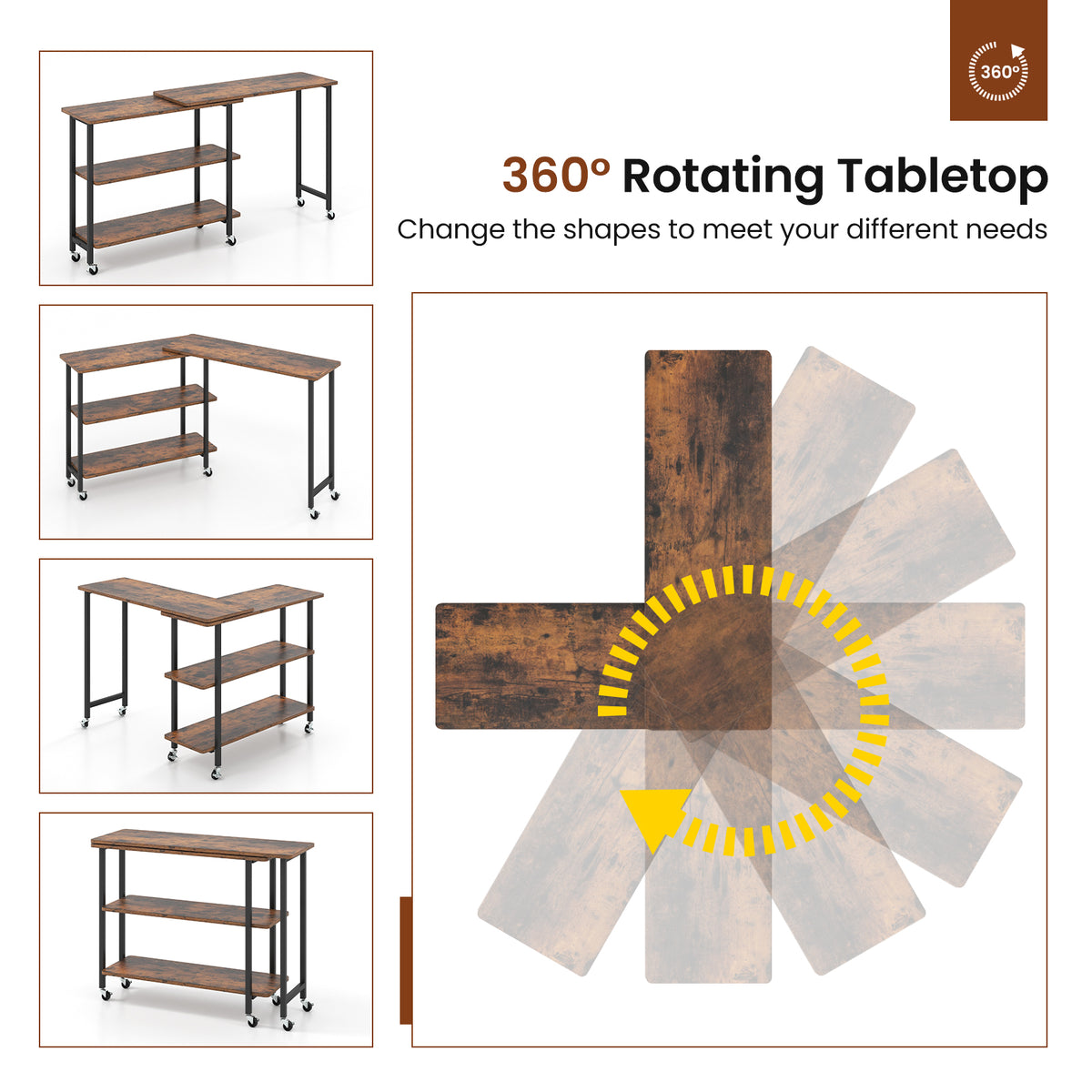 360° Rotating Sofa Side Table Mobile End Table with 2-Tier Storage Shelves-Rustic Brown