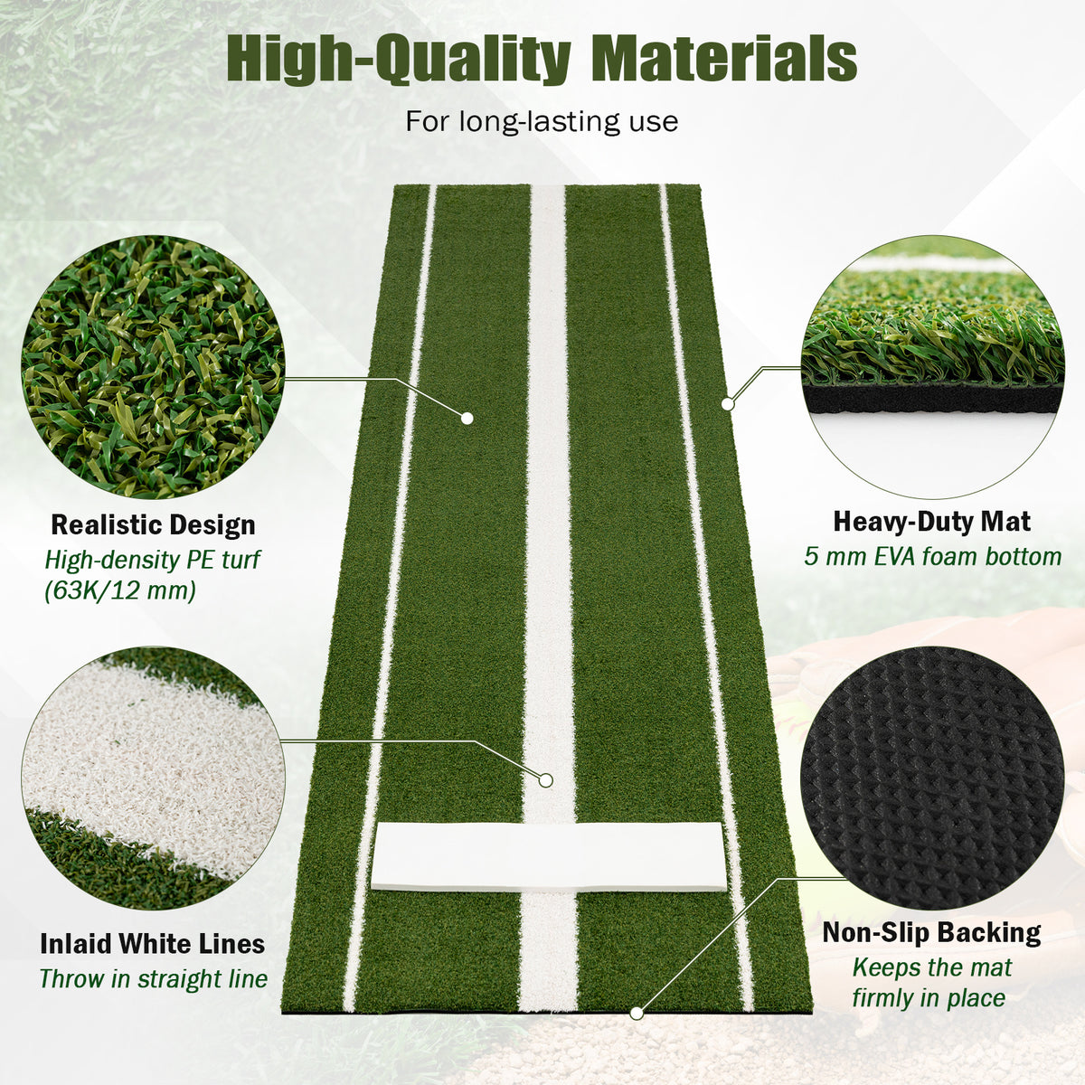 Softball Pitching Mat 10 x 3 FT Softball Training Aid with Pitching Mound-Green