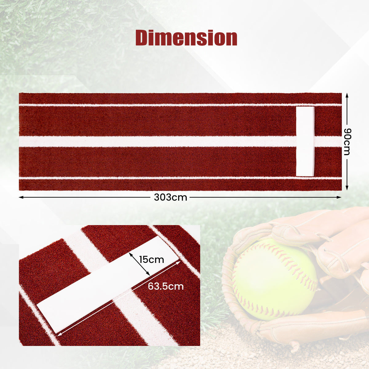Softball Pitching Mat 10 x 3 FT Softball Training Aid with Pitching Mound-Red