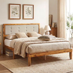 Solid Acacia Wood Bed Frame with Tufted Headboard and Ample Under-bed Space-Full Size