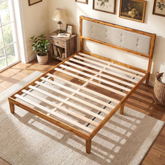 Solid Acacia Wood Bed Frame with Tufted Headboard and Ample Under-bed Space-Full Size