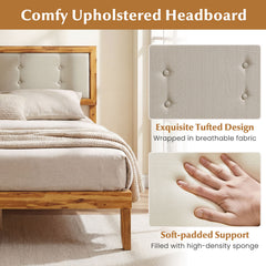 Solid Acacia Wood Bed Frame with Tufted Headboard and Ample Under-bed Space-Full Size