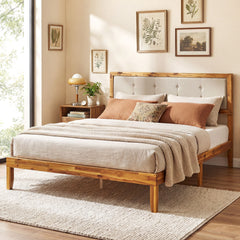 Solid Acacia Wood Bed Frame with Tufted Headboard and Ample Under-bed Space-Queen Size