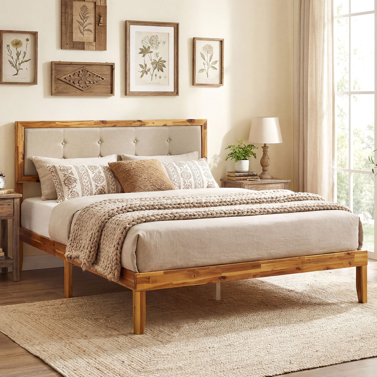 Solid Acacia Wood Bed Frame with Tufted Headboard and Ample Under-bed Space-Queen Size