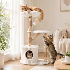 Solid Wood Cat Tree with Real Wood Branches and Scratching Posts for Indoor-Beige
