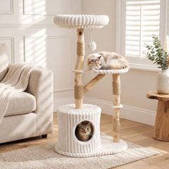Solid Wood Cat Tree with Real Wood Branches and Scratching Posts for Indoor-Beige