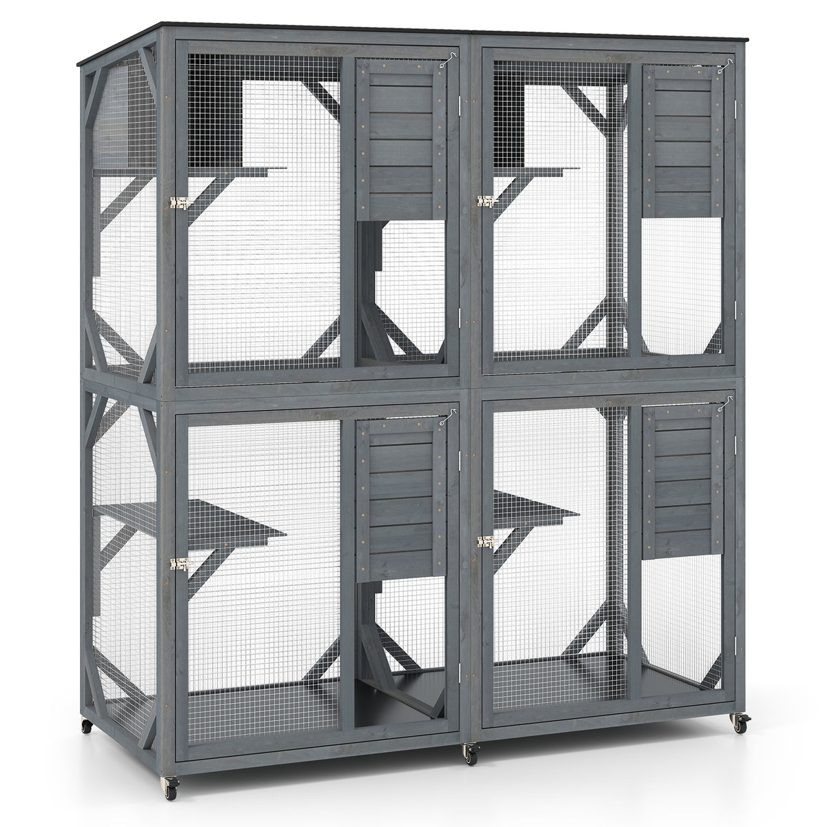 Spacious Fir Wood Outdoor Cat Enclosure with 2 Rest Nooks and 4 Activity Platforms-Grey