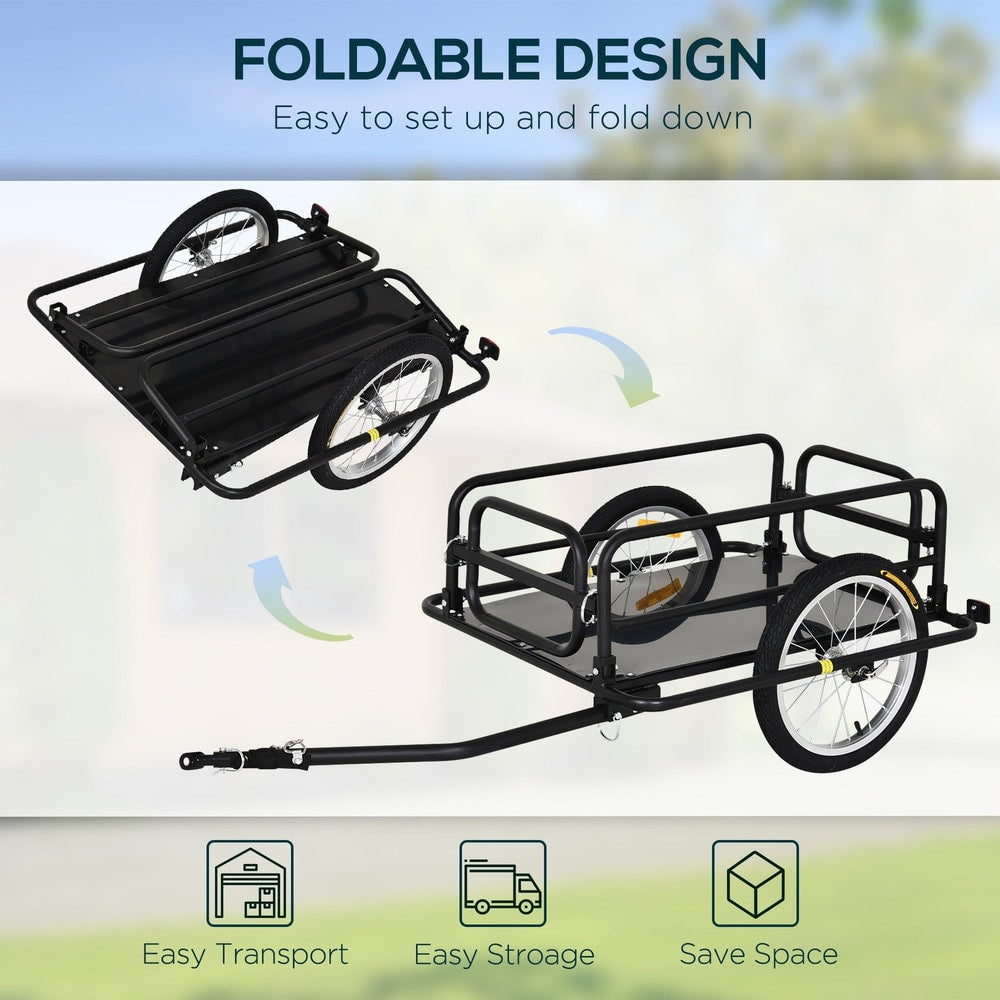 The black bicycle cargo trailer shown in two states: folded and unfolded, demonstrating its foldable design