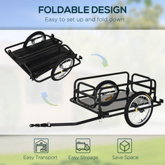 The black bicycle cargo trailer shown in two states: folded and unfolded, demonstrating its foldable design