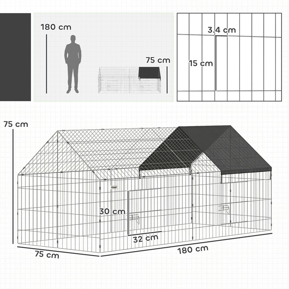 PawHut Rabbit Run with Protective Cover for Small Animals, Chickens, Guinea Pigs, Tortoises, 180 x 75 x 75 cm, Black