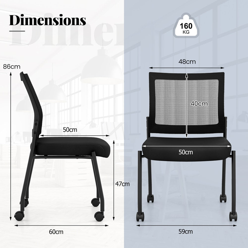The office chairs shown from side and front angles with various measurements and labels