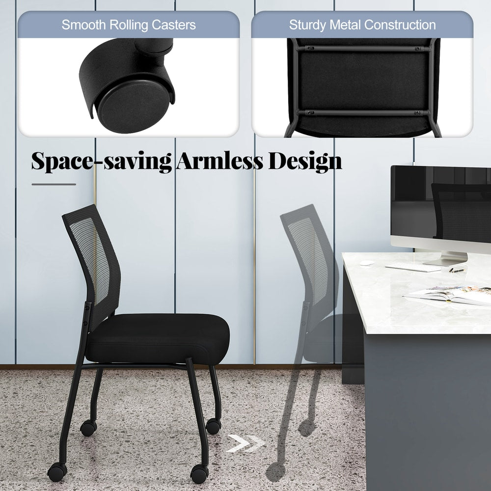 The office chairs showing the rolling wheels and the armless design tucked under a desk