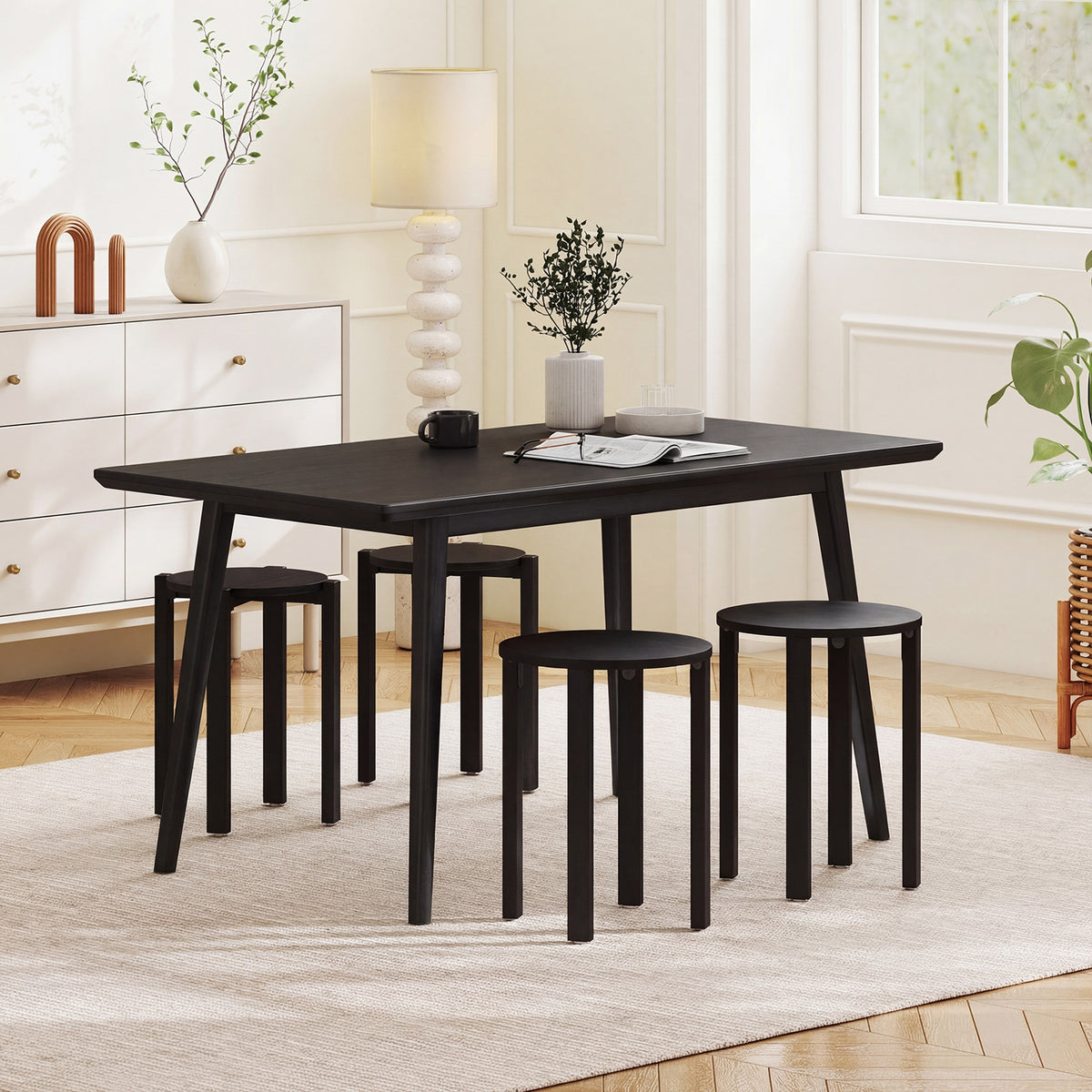Stackable Stools Set of 4 with Rolling Base Solid Rubber Wood Nesting Stools-Black