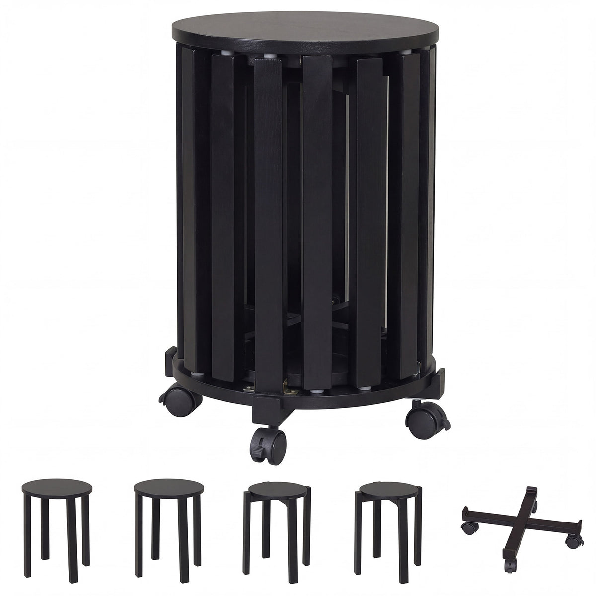 Stackable Stools Set of 4 with Rolling Base Solid Rubber Wood Nesting Stools-Black