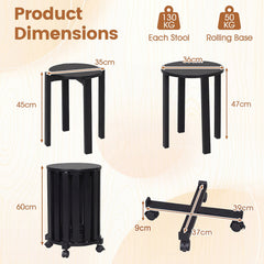Stackable Stools Set of 4 with Rolling Base Solid Rubber Wood Nesting Stools-Black
