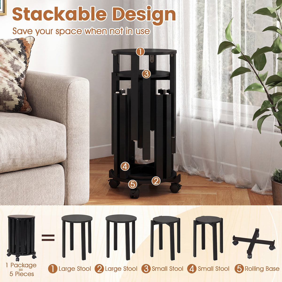 Stackable Stools Set of 4 with Rolling Base Solid Rubber Wood Nesting Stools-Black