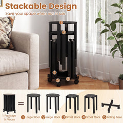 Stackable Stools Set of 4 with Rolling Base Solid Rubber Wood Nesting Stools-Black
