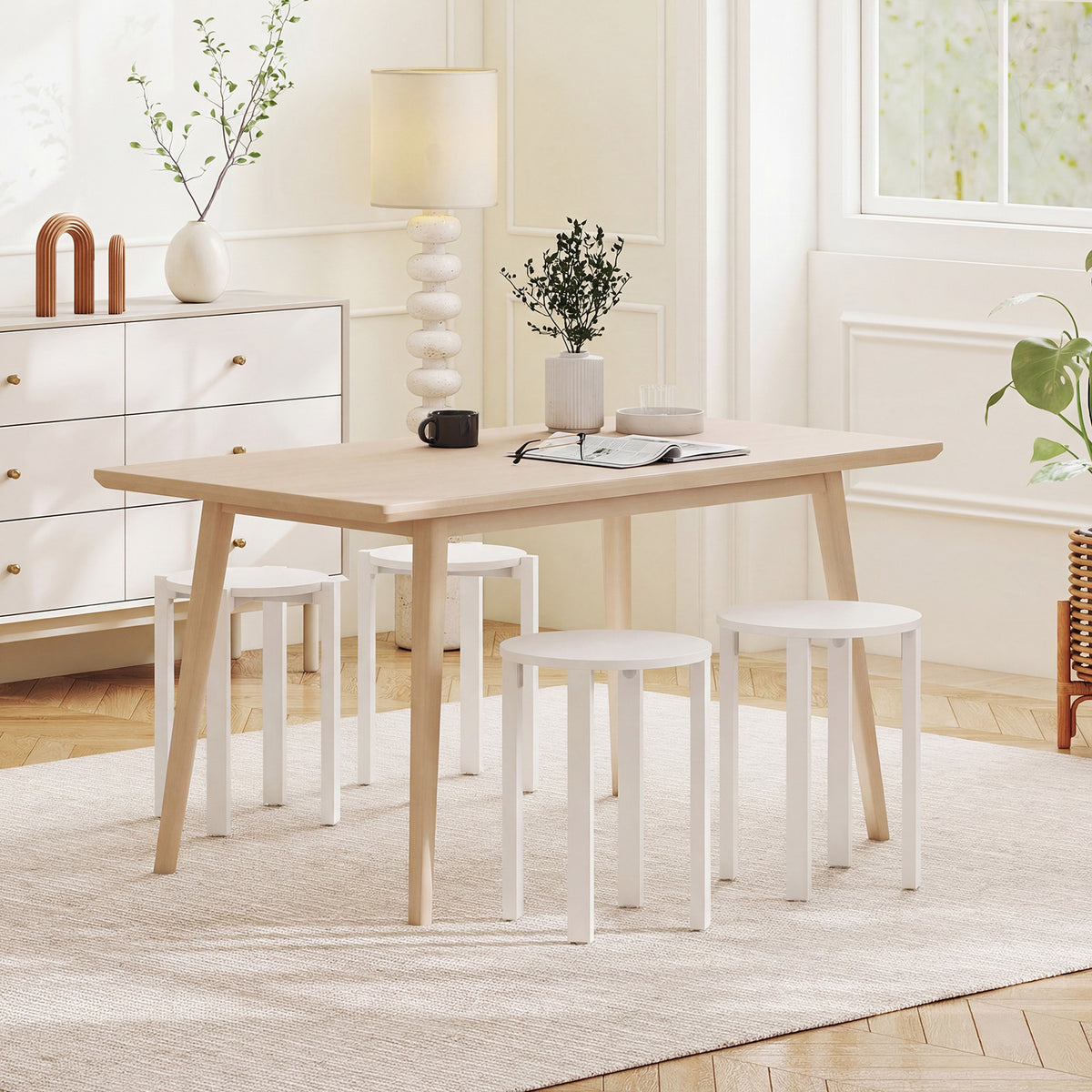Stackable Stools Set of 4 with Rolling Base Solid Rubber Wood Nesting Stools-White