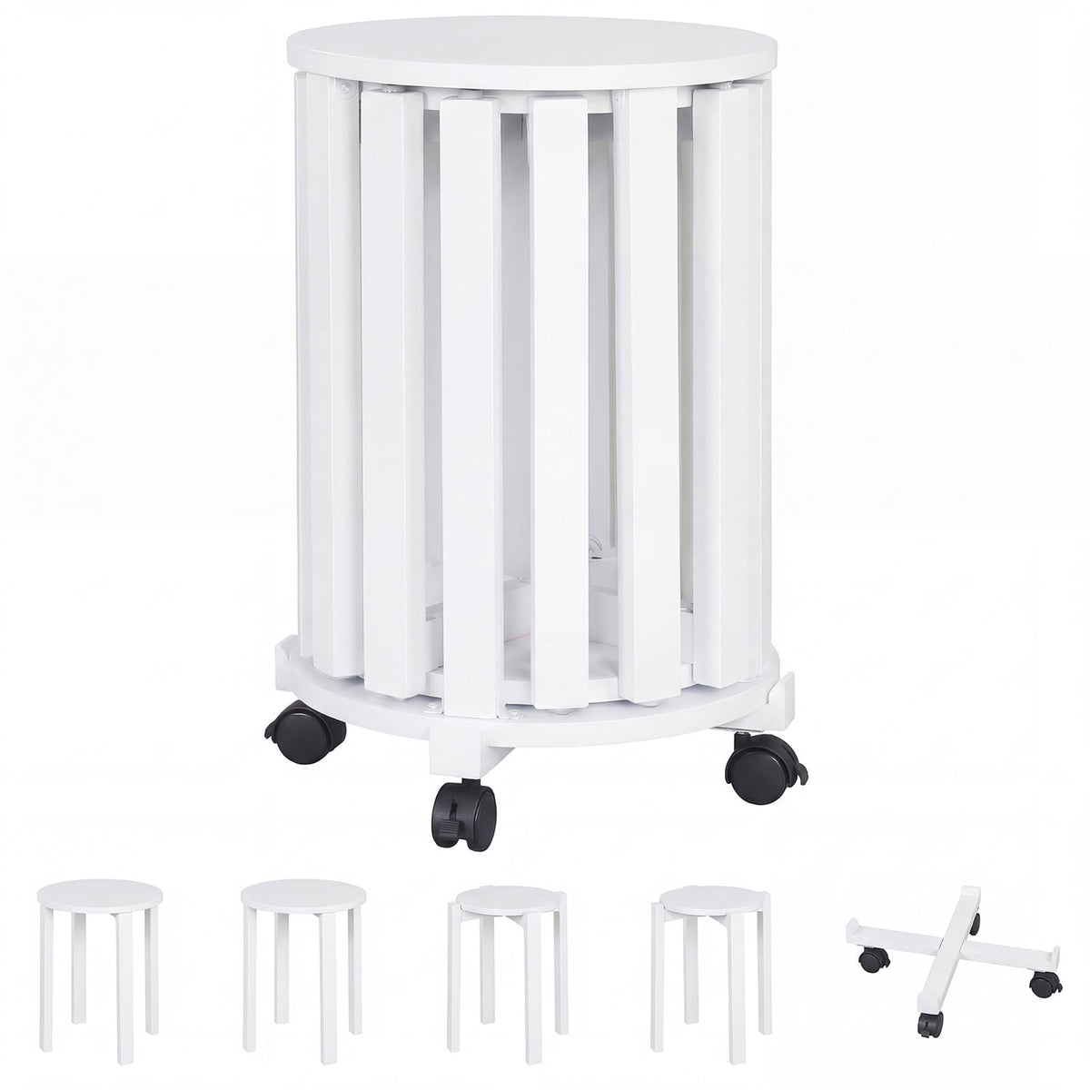 Stackable Stools Set of 4 shown as a nested unit with a separate rolling base and four individual stools