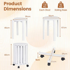 Stackable Stools Set of 4 with Rolling Base Solid Rubber Wood Nesting Stools-White